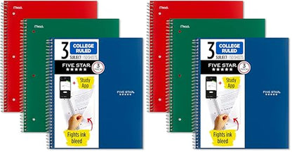 Five Star Spiral Notebook + Study App, 3 Subject, College Ruled Paper, Fights Ink Bleed, Water Resistant Cover, 8-1/2" x 11", 150 Sheets, Green, Red, Blue (820193) (Pack of 6) - color: Forest Green, Fire Red, Pacific Blue, size: 6 Pack