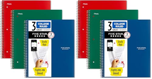 Five Star Spiral Notebook + Study App, 3 Subject, College Ruled Paper, Fights Ink Bleed, Water Resistant Cover, 8-1/2" x 11", 150 Sheets, Green, Red, Blue (820193) (Pack of 6) - color: Forest Green, Fire Red, Pacific Blue, size: 6 Pack