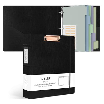 Ospelelf 3 Ring Binder with Clipboard 2 Inch Leather Binder for Letter Size (8.5" x 11"), Clipboard Binder with 5 Tab Dividers Back to School Supply, Black - color: Black, size: Letter Size - 2 Inch