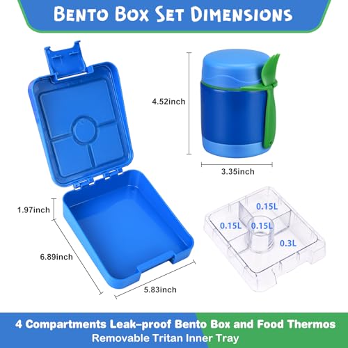 Pawtong Bento Lunch Box Set With 10oz Soup Thermo, Leak-proof Lunch Containers with 4 Compartment, Kids Hot Thermo Food Jar/Insulation Lunch Bag, Food Containers for School （Blue） - color: Blue