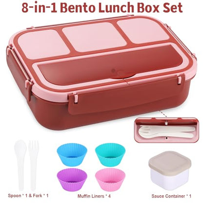 shell and turtle Bento Box Adult Lunch Box, Lunch Containers for Kids Girls Boys with 4 Compartments, Lunchable Food Container with Utensils, Sauce Jar, Muffin Liners, 40 Oz/5 Cup, Retro Red - color: Retro Red