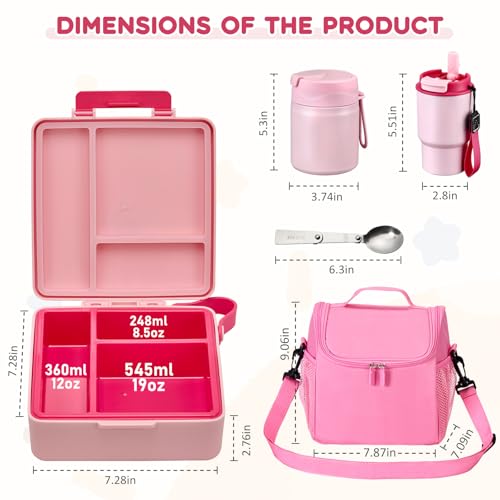 Pawtong Lunch Box Set with Bento Box Container, 17OZ Stainless Steel Food Soup Thermo, Kids Water Bottle & Portable Insulated Lunch Bag – Leakproof, Hot/Cold Retention for School, Travel(Pink) - color: Pink