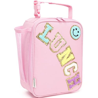 FlowFly Lunch box Insulated Soft Bag Mini Cooler Back to School Thermal Meal Tote Kit With Buckle and Mesh Side Pocket for Girls, Boys, PinkWithLetter - color: PinkWithLetter