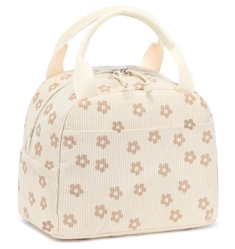 LEDAOU Kids Lunch Bag for Girls, Insulated School Lunch Box, Lightweight | Insulated interior, lightweight design, front pocket, smooth dual zippers, ideal for school and travel - color: Corduroy khaki small flowers