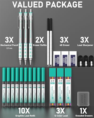 Nicpro 3 Pack Blocky Gear 2.0 mm Metal Mechanical Pencils Set with Case, Drafting Pencil with 13 Tubes 2mm Lead Refills (HB 2B 2H 4B 4H 6B & Colors), Erasers for Carpenter Writing Drawing - style: 2.0mm
