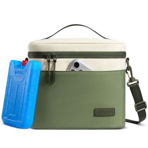 LOVEVOOK Insulated Lunch Box for Women Men, Reusable Lunch Bag for Work Picnic Beach College School, Leakproof Cooler Bag with Shoulder Strap & Ice Pack, Lunch Box/Bag for Mom Teacher Kids Girl Boy - color: Bean Green - Beige, size: 13L
