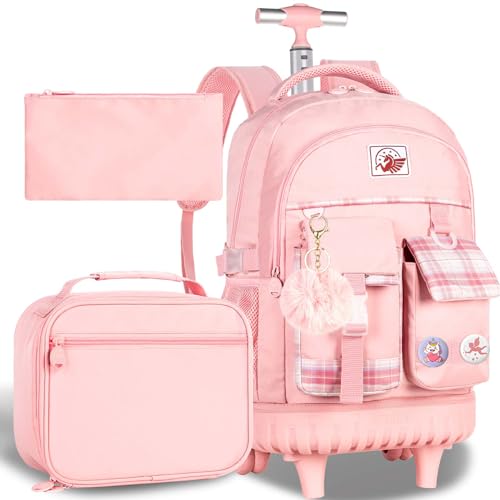 AGSDON Rolling Backpack for Girls, 21" Women Roller Wheels Bookbag, Laptop Wheeled Suitcase School Backpacks with Lunch Bag for Teens - color: Square Pink