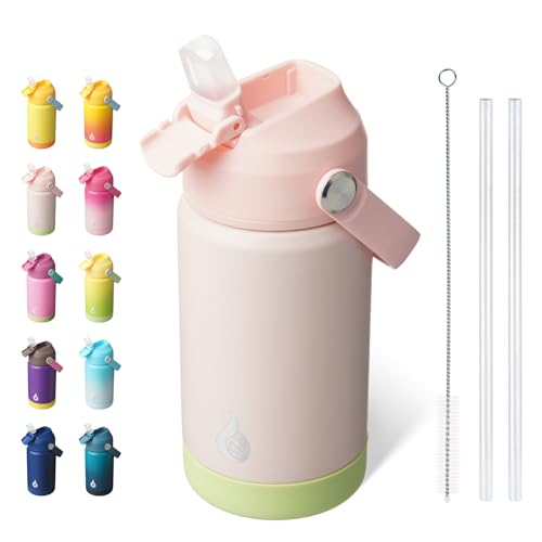 BJPKPK Insulated Water Bottle with Straw Lid, 12oz Thermo Water Bottles, Flex Handle & Non-slip Boot, BPA Free Leak Proof Stainless Steel Metal Thermo, Tumblers, Cups,Pearl Pink - color: Pearl Pink, size: 12 Ounces
