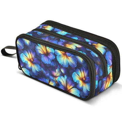 ALAZA Vibrant Blue Hibiscus Flowers Large Pencil Case, Pen Pouch Pencil Bag with 3 Compartments Pen Holder Organizer Stationery Bag - color: Blue Hibiscus