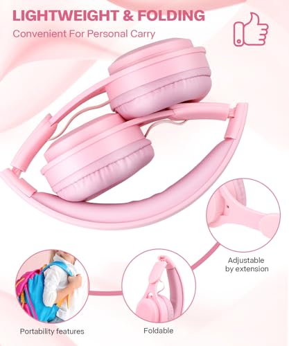 Kids Bluetooth Headphones, Over Ear Children's Wireless Bluetooth 5.3 Headsets, Built-in Mic, Comfortable Wear & HD Sound, Kids Headphones for Boys Girls School Travel iPad Tablet (Pink) - color: Pink