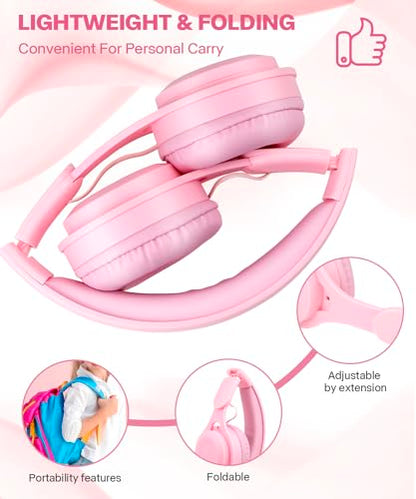 Kids Bluetooth Headphones, Over Ear Children's Wireless Bluetooth 5.3 Headsets, Built-in Mic, Comfortable Wear & HD Sound, Kids Headphones for Boys Girls School Travel iPad Tablet (Pink) - color: Pink