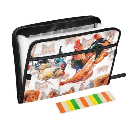 Watercolor Chickens Rooster File Folders,Plastic Folders with 13 Pockets,Expandable File Folder for Documents School Students Office,Aesthetic Folder with Labels A4 Letter Size - color: Multicolor 19