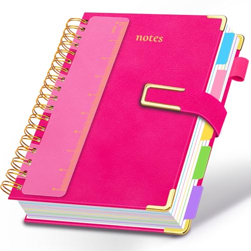 Hardcover Spiral Notebook College Ruled, 8"x10" Leather Journal Notebook with Magnetic Closure, 300 Pages 5 Subject Notebook with Dividers Tabs Journal for Women Men, Work, School(Rose Red) - color: Rose Red, size: B5-8"x10"