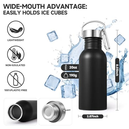 Volhoply 20oz Uninsulated Single Walled Water Bottle, Stainless Steel Reusable Water Bottles with Handle & Carabiner, BPA Free 18/8 304 Sports Water Bottles for Camping Hiking（Black,1） - color: Black