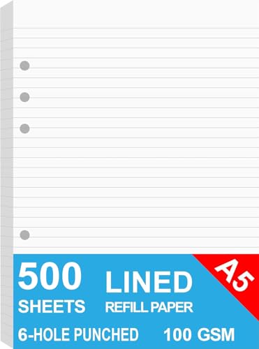(5 Pack) A5 Lined Refills Paper for Filofax Planner/Binders/Organizer, 6 Hole Punched, Total 500 Sheets/1000 Pages, 100gsm, White, 5.8 x 8.2 Inch Filler Paper - size: 500 Sheets