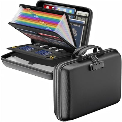 Fireproof File Organizer with Lock，Hard Case Fireproof Document Box with 13 Pockets Accordion File Folder，Portable Home Office Safe Storage for Important Documents Laptop （Black） ﻿
