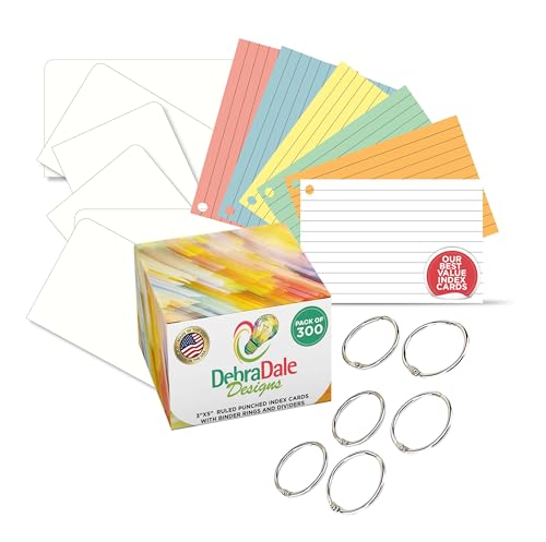 Made in USA – Debra Dale Designs Ruled Note Cards with Rings – 300-Pack 3"x5" – 6 Pastel Colors – Secure Storage Box Included