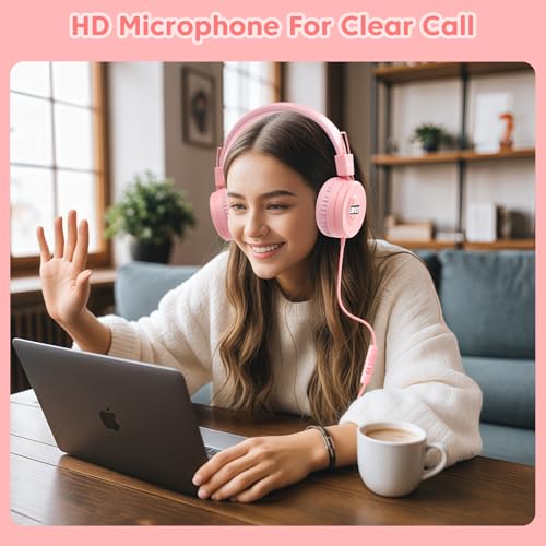 Bywulanda USB-C Kids Headphones with Digital Timer, Pink | Foldable Adjustable Lightweight, 85/94dB Volume Limit, On-Ear with Microphone, For Toddler Students Tablet iPad - color: Pink