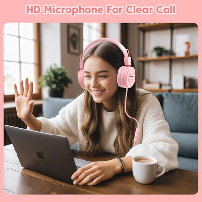 Bywulanda USB-C Kids Headphones with Digital Timer, Pink | Foldable Adjustable Lightweight, 85/94dB Volume Limit, On-Ear with Microphone, For Toddler Students Tablet iPad - color: Pink