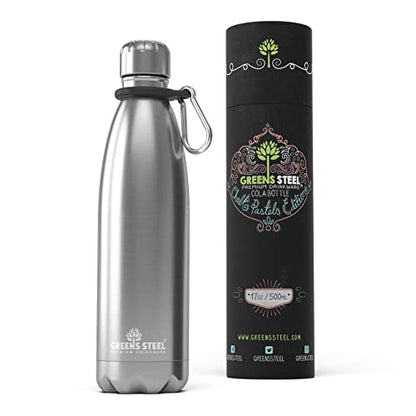 Greens Steel Stainless Steel Water Bottle - 17 oz, Steel | Vacuum Insulated Double Wall with Screw Lid/Leak Proof | Thermal Travel Sports Canteen Coffee Flask - color: Steel, size: 17 Ounces