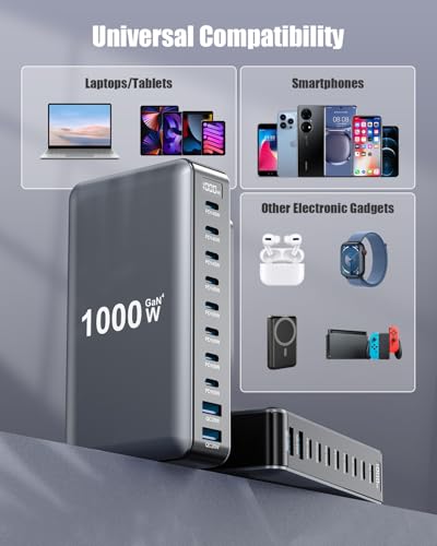 1000W USB C Charger Block,10-Port USB C Charging Station GaN IV Travel Essentials Multiple Port Charging Station,140W Laptop Fast Charger Adapter for MacBook Pro/Air,DELL,iPad,iPhone,Samsung Galaxy