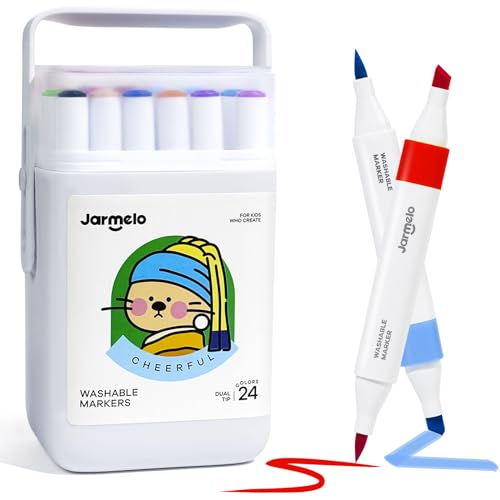 Jar Melo Washable Dual Tip Markers for Kids Ages 4-8, Brush & Chisel Tip, Water-Based Coloring Markers, Double-Tipped 24 Colors Marker Set with Storage Case, School Art Supplies for Boys & Girls - style: 24 Colors