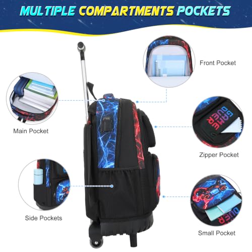 Scothen 3PCS Rolling Backpack for Boys, Cool Gamer Roller Backpack with Wheels, Kids Boy Wheeled Backpacks with Lunch Bag Pencil Case for Teens Bookbag Kindergarten Elementary Middle School - color: Red Blue Lighting