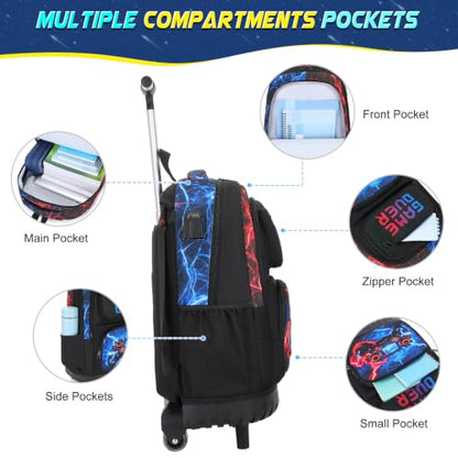 Scothen 3PCS Rolling Backpack for Boys, Cool Gamer Roller Backpack with Wheels, Kids Boy Wheeled Backpacks with Lunch Bag Pencil Case for Teens Bookbag Kindergarten Elementary Middle School - color: Red Blue Lighting