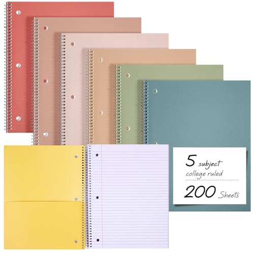 Qilery 6 Pack 5 Subject Notebook College Ruled with Hardcover 200 Sheets Thick Pages 8 x 10.5 Inch Spiral Journal Thick Notebook 3 Hole Assorted Colors Easy Tear Line Office (Vintage Colors) - color: Vintage Colors