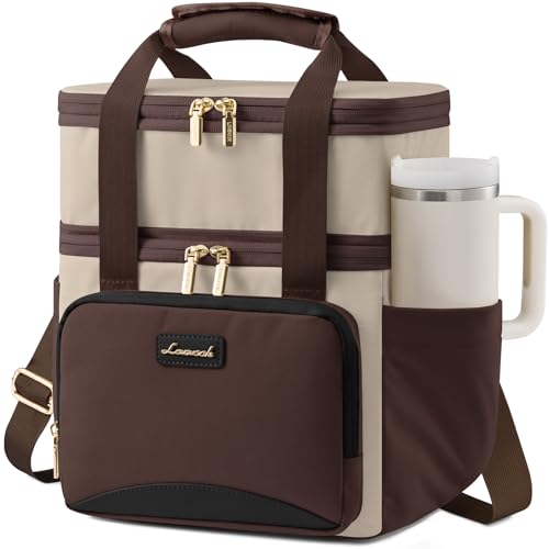 LOVEVOOK Insulated Lunch Bag For Women,Large Double Deck Adult Lunch Box,Teacher Lunch Tote Bag With Cup Holder,Leakproof Cooler Bag With Adjustable Shoulder Strap For Work Picnic Beach,Larger 15L - color: Dark Brown Contrasting Color, size: Large —15l