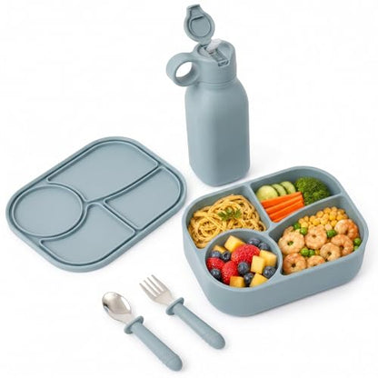 Silicone Bento Box Set for Kids with 15.2oz Straw Water Bottle, 4-Compartment Lunch Box, Kids Spoon & Fork | BPA-Free, Food-Grade, Microwave & Dishwasher Safe for Travel, School.