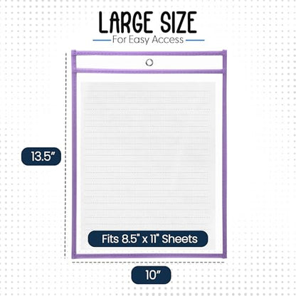 Essex Wares - 6 Pack, Light Purple, Water-Resistant Dry Erase Pocket Document Protectors, 10" Wide x 13.5" Tall - Dry Erase Clear Plastic Sleeves - Reusable & Easy Erase Plastic Invoice Holders - color: Light Purple