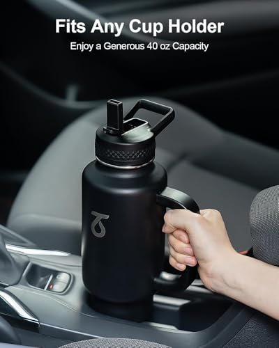 Trebo Insulated Water Bottle 40oz Fits in Car Cup Holder with Side Handle | Stainless Steel Metal Tumbler with Straw Spout Lids, Triple-Wall Vacuum Copper Plated, Cold 48 Hrs Hot 24 Hrs for Travel, Gym - color: Deep Black, size: 40 Ounces