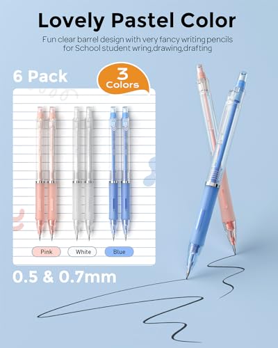 Nicpro 23PCS Pastel Mechanical Pencil 0.5 & 0.7 mm with Case for School, with 12 tubes HB Lead Refills, 3 Erasers, 9 Eraser Refills For Student Writing, Drawing, Sketching, Blue & Pink & White Colors