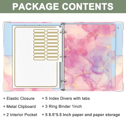 Rouidr Mini 3 Ring Binder with clipboard, 1 inch Round Binder Organizer, 8.5"x5.5" Cute Binder with 5 Dividers Tabs & Clear Sleeves, School Supplies, Office Supplies - color: Cute Pink Marble, size: Mini 1in(8.5 x 5.5 in)