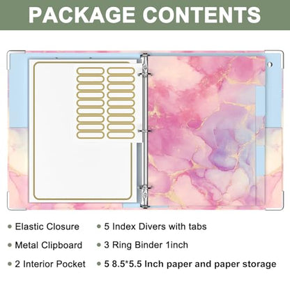 Rouidr Mini 3 Ring Binder with clipboard, 1 inch Round Binder Organizer, 8.5"x5.5" Cute Binder with 5 Dividers Tabs & Clear Sleeves, School Supplies, Office Supplies - color: Cute Pink Marble, size: Mini 1in(8.5 x 5.5 in)