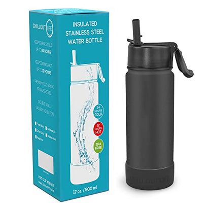 CHILLOUT LIFE 17oz Kids Insulated Stainless Steel Water Bottle with Leak Proof Straw Lid & 144 Stickers - color: Black, style: 17 oz