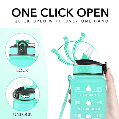 Hyeta Water Bottle with Straw & Time Marker, Plastic 32oz Leakproof | Motivational Tritan BPA Free Gym Office Outdoor Intake Tracker Hourly Reminder Straw Lid Carry Strap - color: Mint Matte