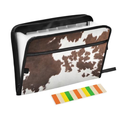 Western Cow Skin Texture Expanding Accordion File Folder with Sticky Labels, 13 Pockets Zip File Folder with Zipper Closure - color: Western Cow Skin Texture