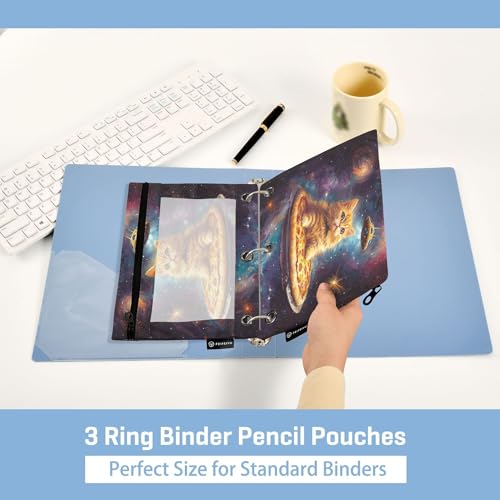 Star Cat Binder Pouches 3 Ring for Boys Girls School Office College Supplies Galaxy Space Pizza Alien Pencil Pouches Case Bag with Clear Window and Zipper 2 Pack - color: Pizza Cat