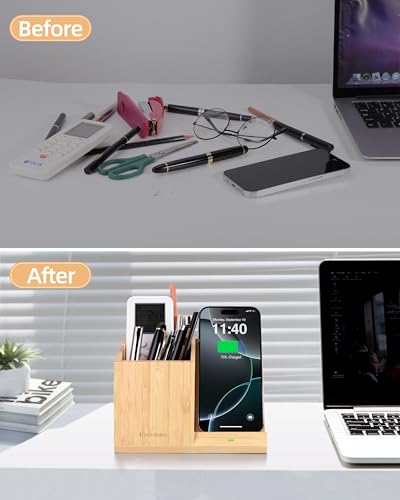3-in-1 Bamboo Wireless Charger with Desk Organizer, Bamboo Pen Holder for Desk, 15W Fast Wireless Charger with Pen Holder for Home Office Supplies, Compatible with iPhone and Samsung - color: Bamboo