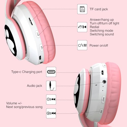 Bluetooth Noise Cancelling Headphones for Kids,Foldable Cat Headphone with LED Light Up Ear,Cat Ear Headphones for Toddler with Microphone/TF Card,Kids Bluetooth Earphones for ipad - color: Pink