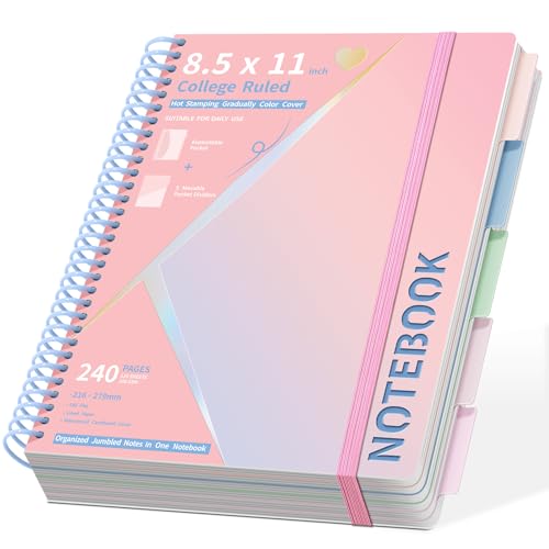 Spiral Notebook 8.5" x 11" College Ruled Hardcover Journal for Women with Removable Dividers 240 Pages 100GSM Thick Lined Journal for Writing Large 5 Subject Notebooks for School, Pink - color: Pink-notebook, size: 8.5"x11"