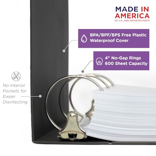 Carstens 4-Inch Heavy Duty 3-Ring Binder - Side Opening, Charcoal Gray, Durable Plastic, Precision No-Gap Rings, Waterproof Cover, No Pockets, Holds 600 Letter Sheets, BPA-Free, Made in USA (1851-3R) - color: Charcoal Gray, size: Individual