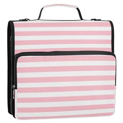 3 Ring Zipper Binder Pink and White Striped Large Capacity 500 Sheets Zip Up Binders Expanding File Folder Bag Multi Pockets School Office Binder Organizer