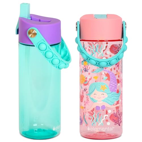 Elemental Leak Proof Water Bottles for Kids - Splash Kids Water Bottle for School with Pop-it Handle - Tritan Plastic Water Bottle with Straw - Mermaid & Robin's Egg - 18oz (2 Pack) - color: Duo - Mermaid Rose / Robin's Egg (Magic Tide)
