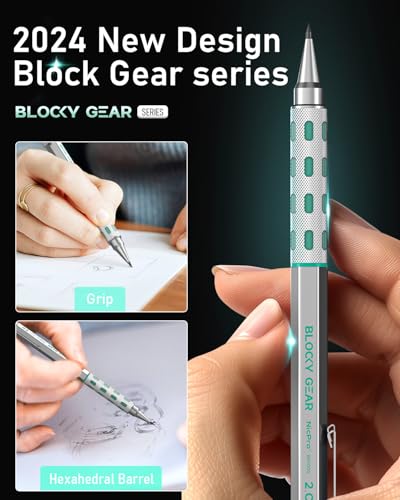 Nicpro 2.0 mm Mechanical Pencils Set, Metal Drafting Pencil with Case | HB 2B 2H 4B 4H Lead Refills, Erasers+9 Eraser Refill, Hexahedral Barrel, Mechanical Pencil Bulk, for Professional Sketching - size: 2.0 mm