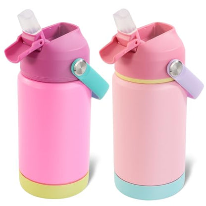 Kerilyn 12oz Kids Water Bottle 2 Pack, Stainless Steel Insulated Water Bottle Bulk, Toddler Cups with Straws Leak-Proof, Kids Water Bottles for School Boys Girls, BPA Free, Rose Red+Charm Pink - color: A. Rose Red+Charm Pink
