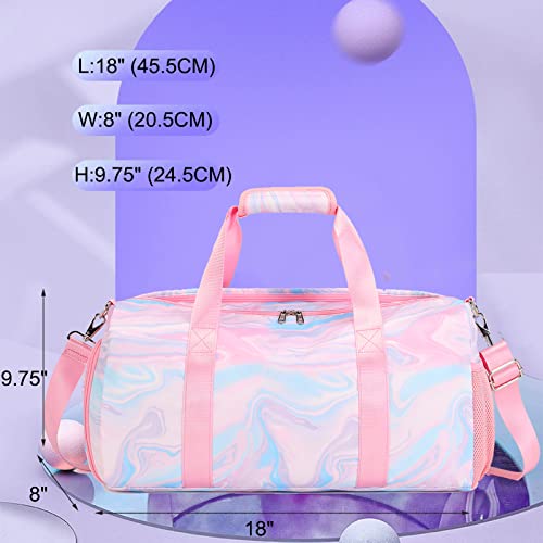 Jumpopack Dance Bag Girls Duffle Bags Teen Sports Gym Bag Weekender Sleepover Overnight Bags with Shoe Compartment and Wet Pocket - color: Marble Pink