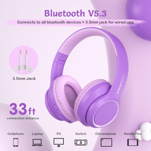 TONOSHARK Kids Bluetooth Headphones with Active Noise Cancelling, Wireless Over-Ear Headphones for Boys Girls, Foldable, Adjustable, 40H Playtime, Mic for School Travel(Purple) - color: Purple